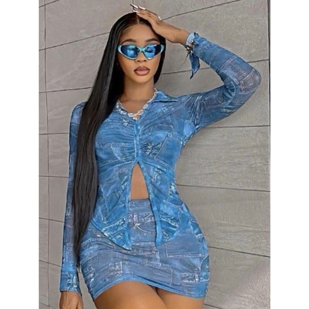 Fashion Nova Just Over you mini Skirt Set blue Size XL NWT